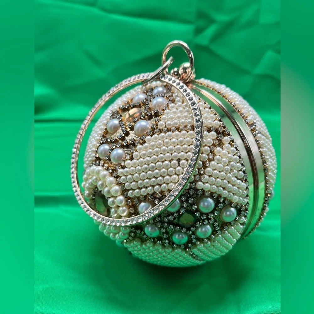 Unique Round beaded: Evening Clutch, wedding wristlet with long gold chain